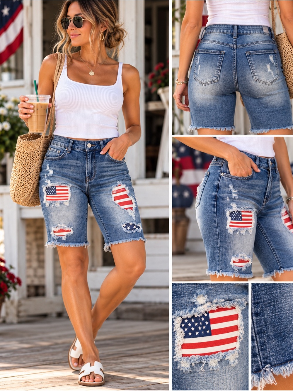 Flamingals Women’s Medium Distressed Bermuda Denim Shorts NWT USA Flag Patriotic
